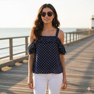 J.Crew Polka Dot Cold Shoulder Ruffle Blouse Navy Preppy Summer Top